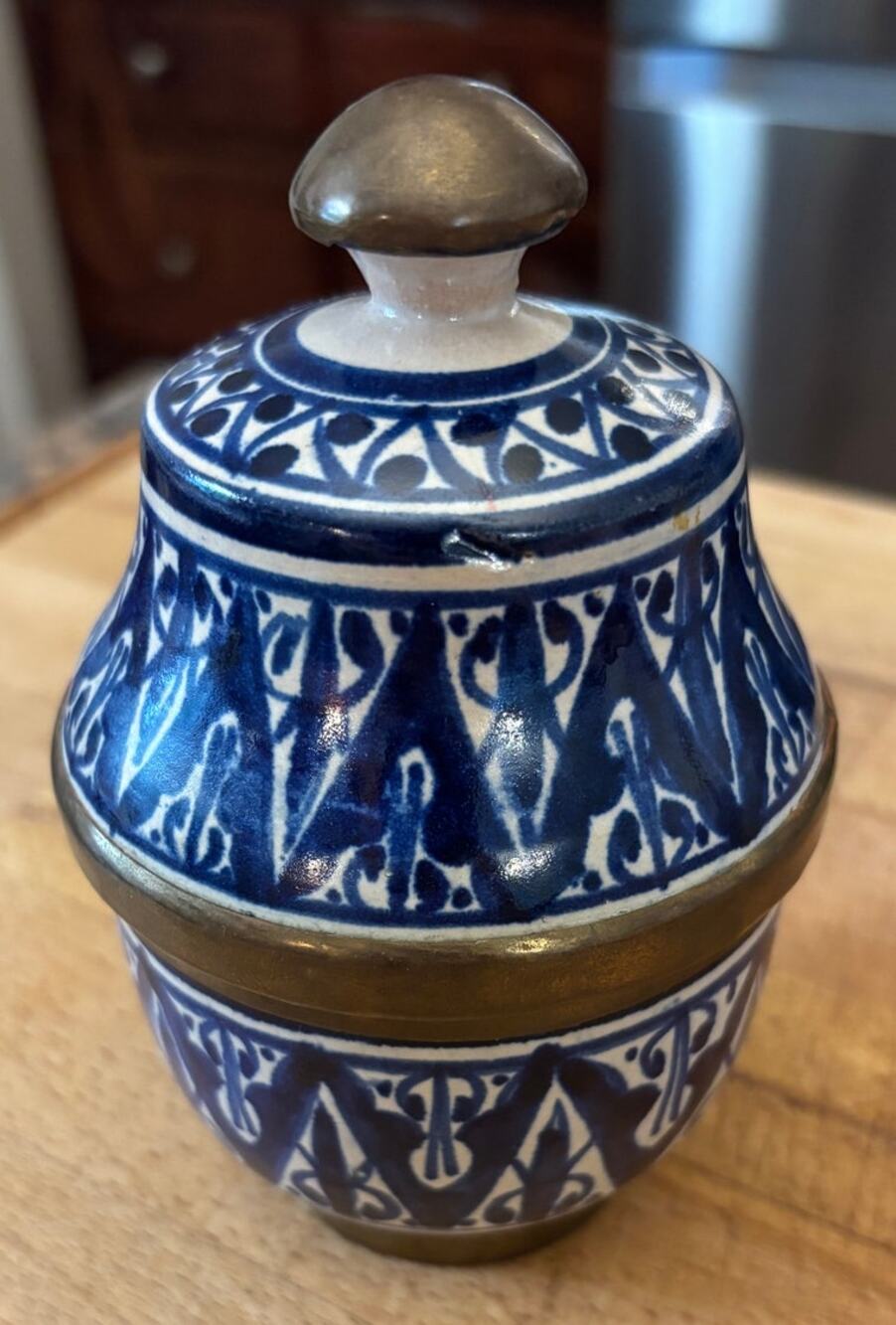 Vintage Moroccan Fes Pottery Lidded Jar Art de Poterie ACH Blue White Brass